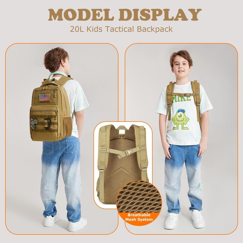 XINTREY Kids tactical Backpack for Boys School Bag 20L mini Children Backpack for Outdoor Camping Travel (Brown) - Image 2